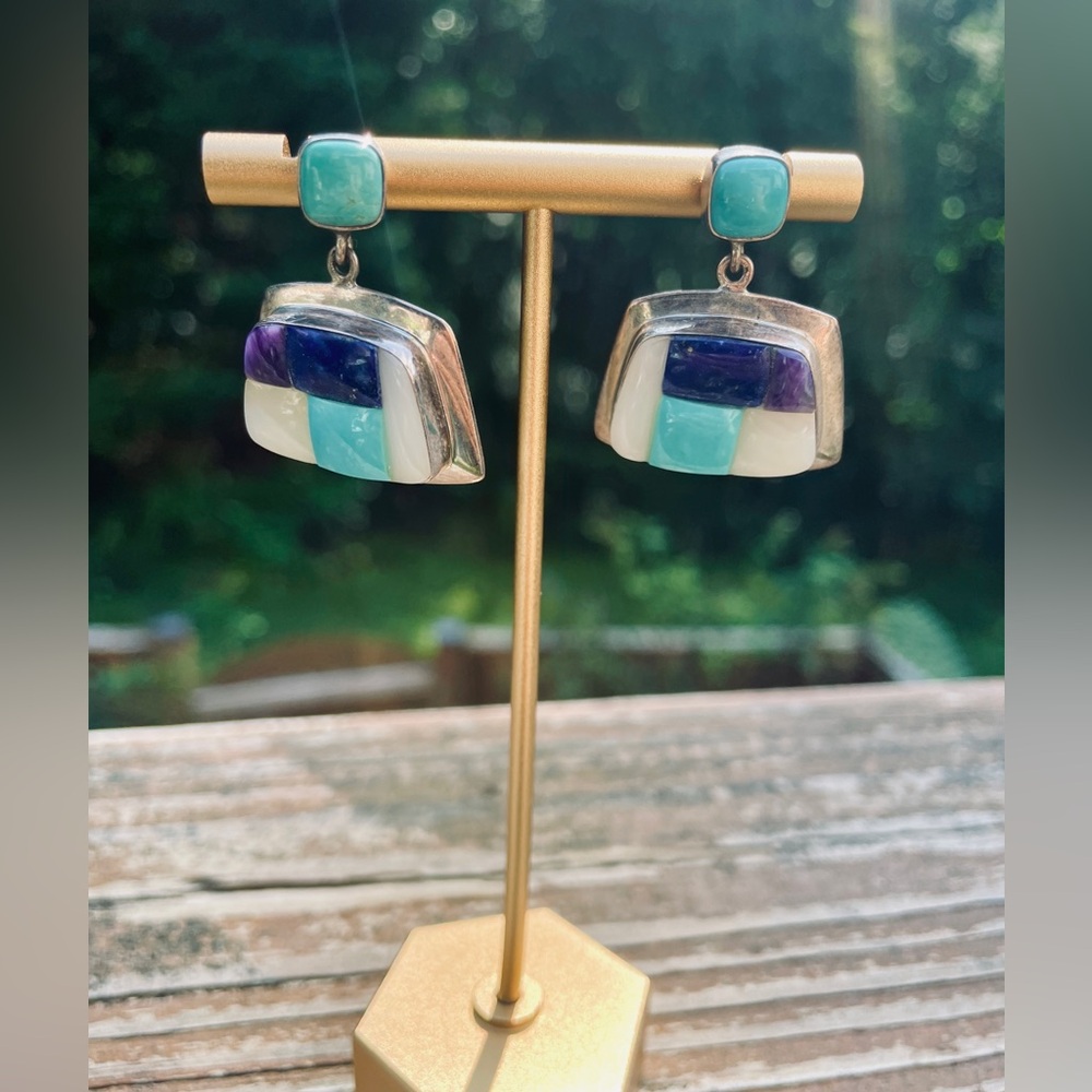 Art Deco Style Earrings in 925 silver with authentic gemstones 12.56 grams tcw.